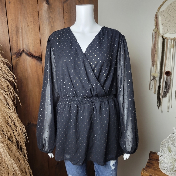 Lane Bryant Tops - NWT Lane Bryant Peplum V-Neck Blouse Black with Gold Polka Dots
